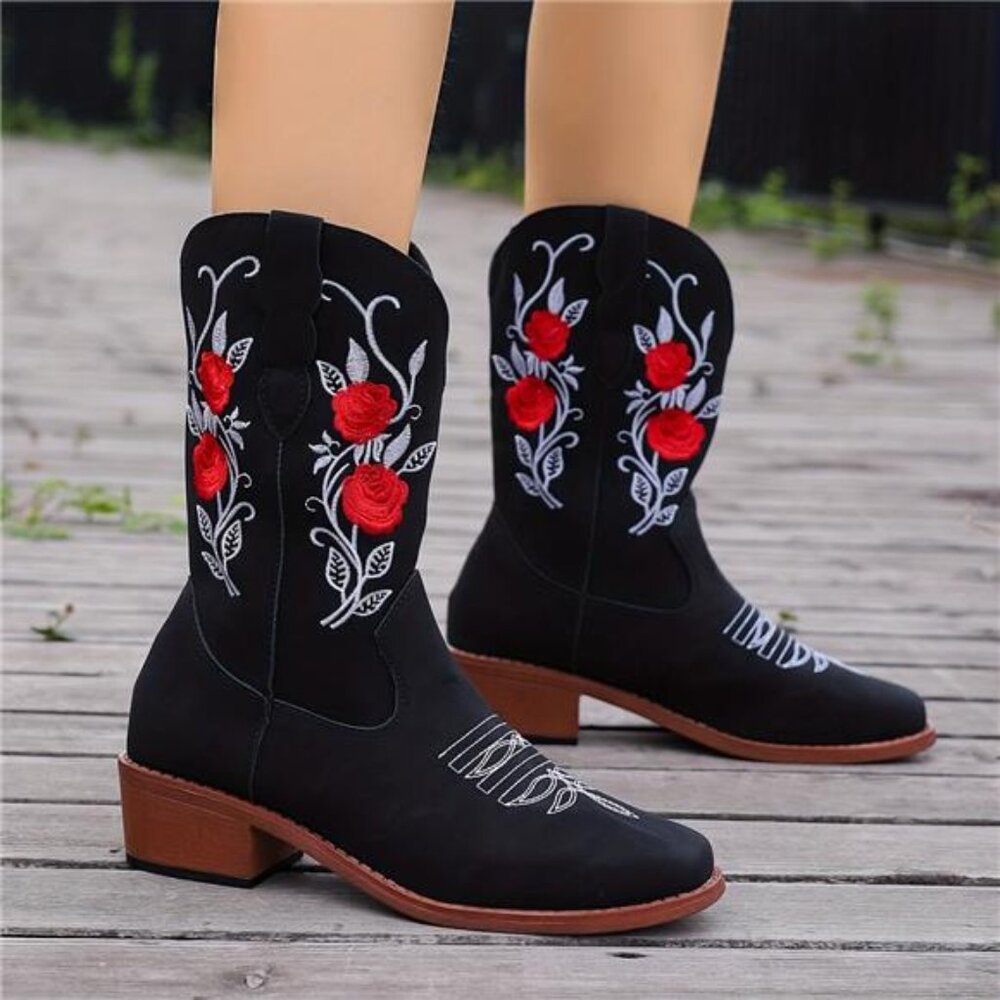 NWT Multiple Sizes Stylish Women's Embroidered Cowboy Boots Red Floral Design - Picture 4 of 9